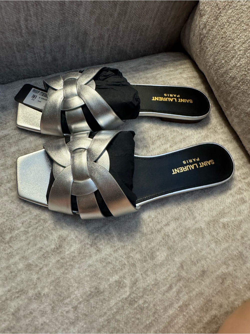 Saint Laurent Metallic Silver Braided Slide Sandals